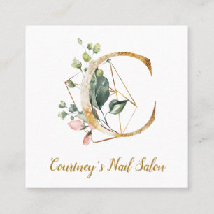 Letter C with Gold Geometric Design and Flowers Square Business Card