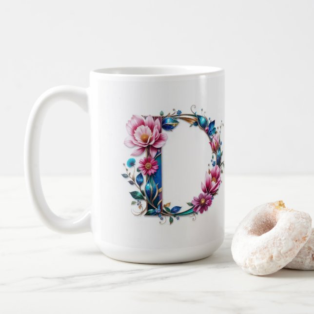 Letter D Coffee Mug – Floral Design for Gifting (With Donut)