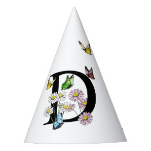 Letter D Floral Butterfly Monogram Initial Party Hat