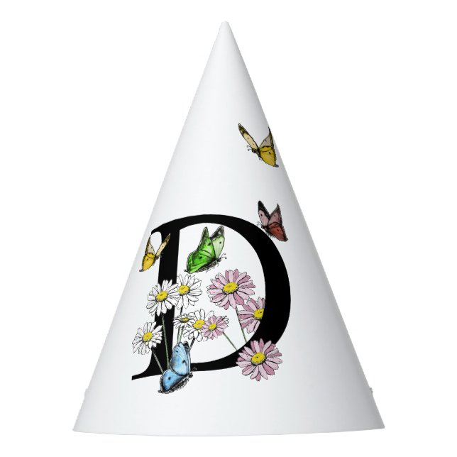 Letter D Floral Butterfly Monogram Initial Party Hat (Front)