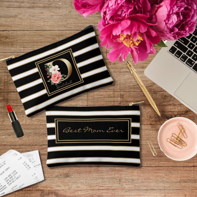 Letter D Floral Monogram Black White Gold Stripes Accessory Pouch (Creator Uploaded)