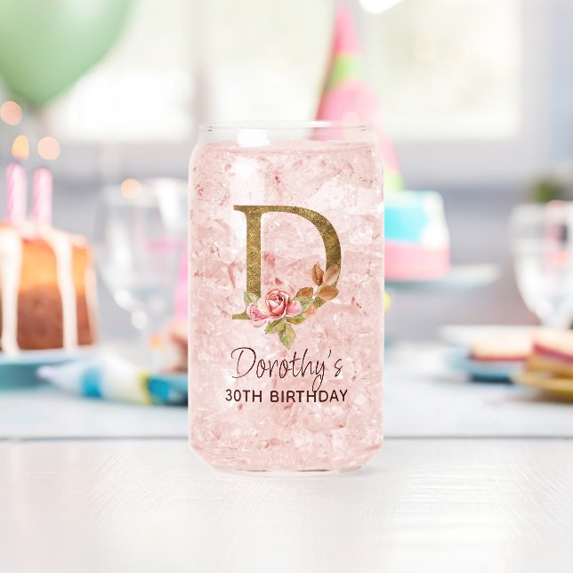 Letter D Gold Monogram Blush Pink Roses Can Glass (Insitu (Birthday))