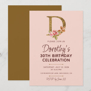 Letter D Gold Monogram Blush Pink Roses Invitation