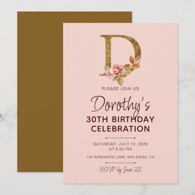 Letter D Gold Monogram Blush Pink Roses Invitation (Front/Back)