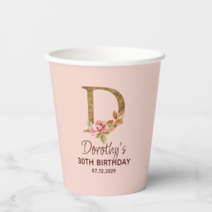 Letter D Gold Monogram Blush Pink Roses Paper Cups