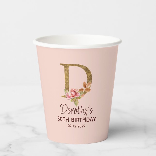 Letter D Gold Monogram Blush Pink Roses Paper Cups (Front)