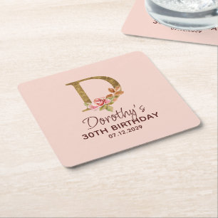 Letter D Gold Monogram Blush Pink Roses Square Paper Coaster
