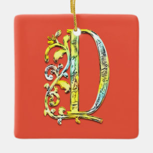 Letter D initial monogram floral art  Ceramic Ornament