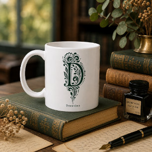 Letter D Linocut Botanical Personalised Mug