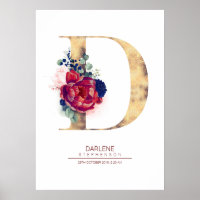 Letter D Monogram Floral Navy Blue and Burgundy