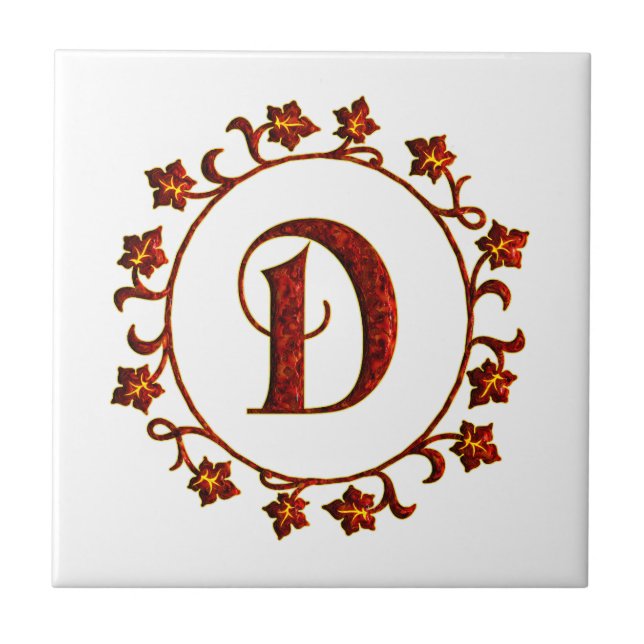 Letter D Monogram Red Leaves Tile (Front)