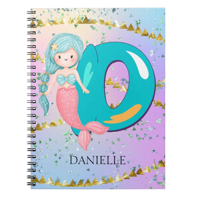 Letter D Monogram Watercolor Cute Mermaid Nursery Notebook (Front)