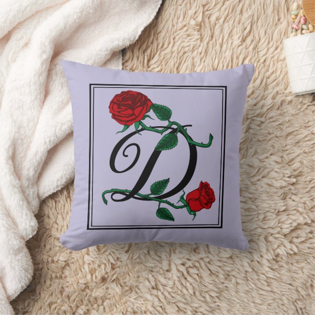 Letter D Monogram with Red Roses Purple Cushion (Blanket)