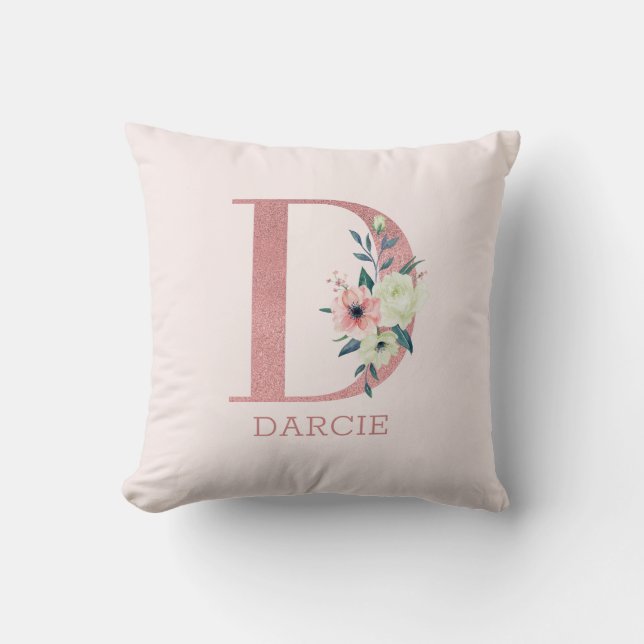 Letter D Pink Watercolor Floral Monogram Nursery Cushion (Front)