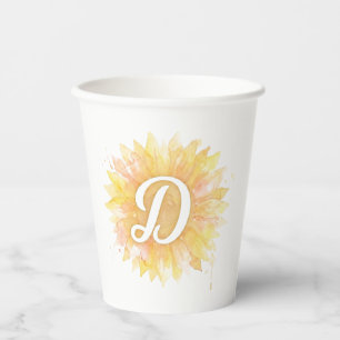Letter D Sunflower First Name Monogram Initial Paper Cups