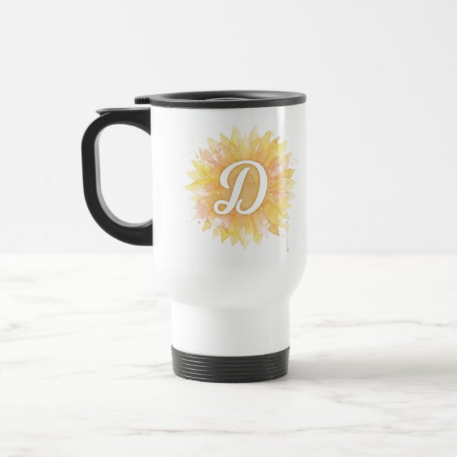 Letter D Sunflower First Name Monogram Initial  Travel Mug (Left)