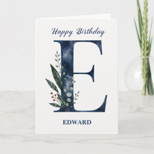 Letter E Birthday for Him Personalised Name Blue Card