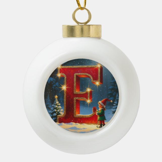 Letter E Christmas Elf Personalised Initial Ceramic Ball Christmas Ornament (Front)