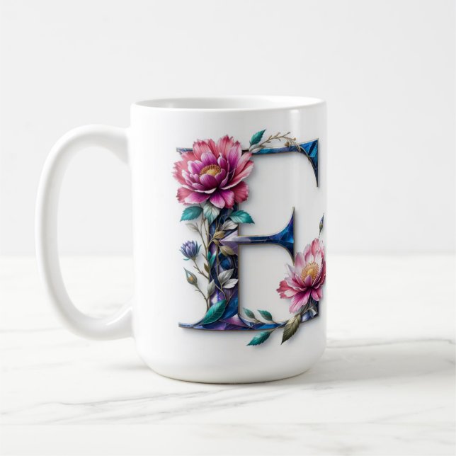 Letter E Coffee Mug – Floral Design for Gifting (Left)