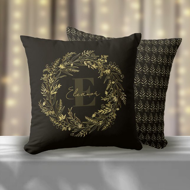 Letter E Elegant Gold Leaf Monogram Cushion (Creator Uploaded)