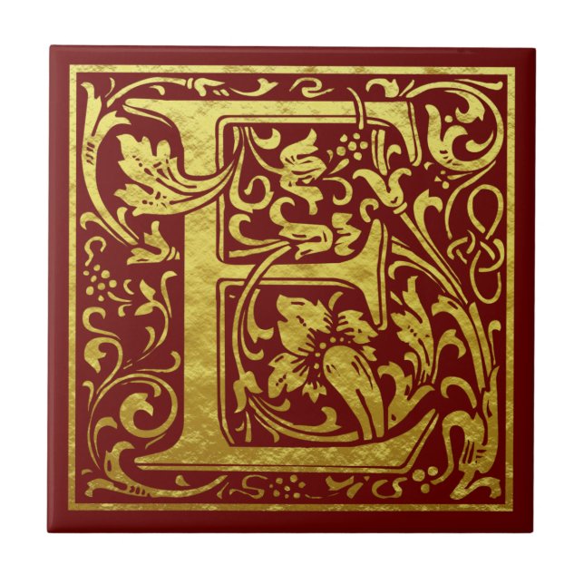 Letter E First Letter Faux Gold Red Tile (Front)