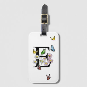 Letter E Floral Butterfly Monogram Initial Luggage Tag