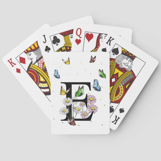 Letter E Floral Butterfly Monogram Initial    Playing Cards (Back)