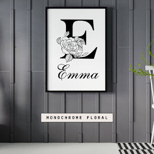 Letter E Floral Modern Black Monogram Nursery Poster