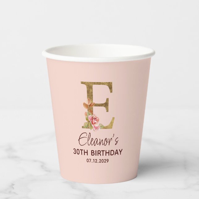 Letter E Gold Monogram Blush Pink Roses Paper Cups (Front)