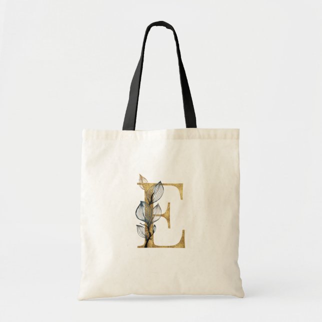 *~* Letter E Gold Monogram Initial Black Leaves Tote Bag (Front)