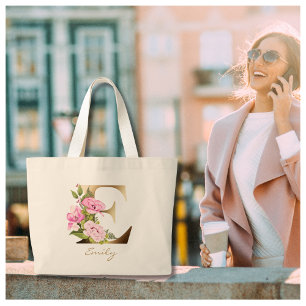 Letter E Gold Monogram Pink Flowers Large Tote Bag