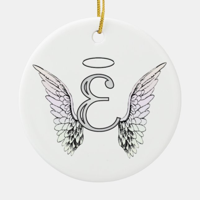 Letter E Initial Monogram with Angel Wings & Halo Ceramic Tree Decoration (Front)