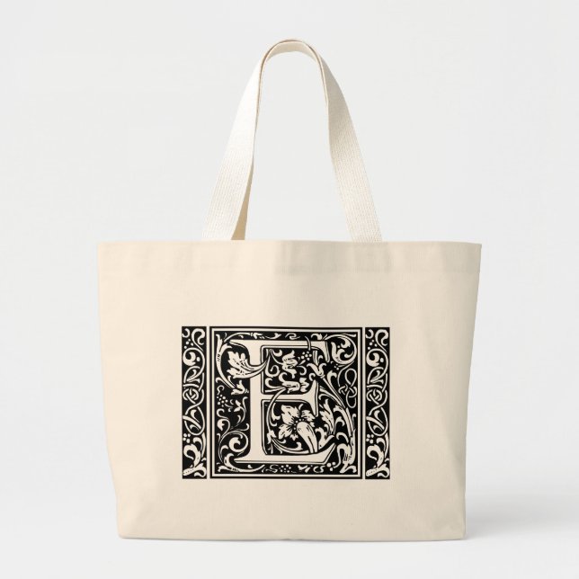 Letter E Mediaeval Monogram Art Nouveau Large Tote Bag (Front)
