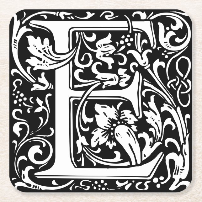 Letter E Mediaeval Monogram Art Nouveau Square Paper Coaster (Front)