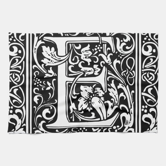 Letter E Mediaeval Monogram Art Nouveau Tea Towel (Horizontal)