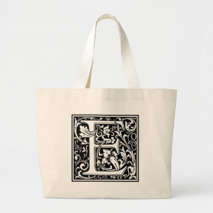 Letter E Mediaeval Monogram Vintage Large Initial Large Tote Bag