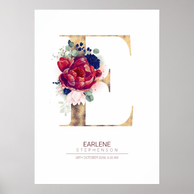 Letter E Monogram Floral Navy Blue and Burgundy Poster (Front)