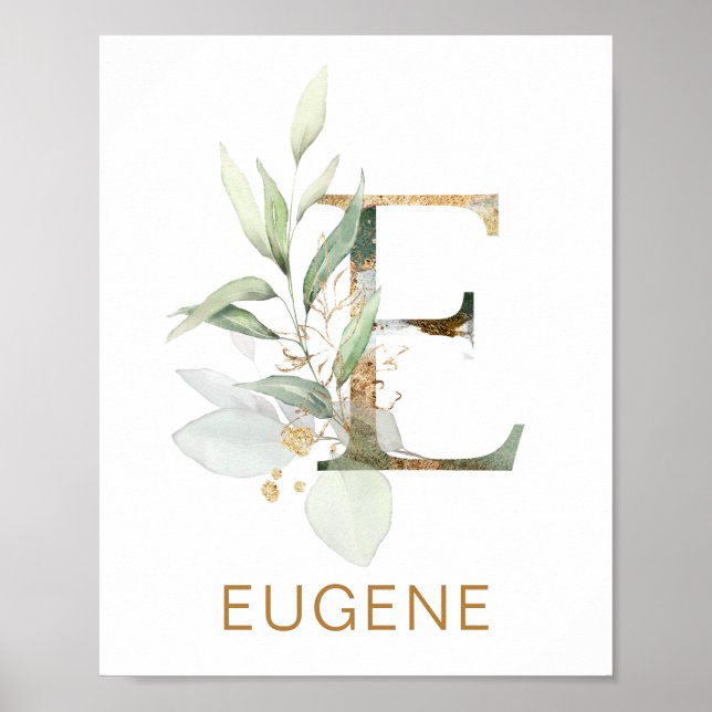 Letter E Monogram Green & gold foliage Nursery Poster (Front)