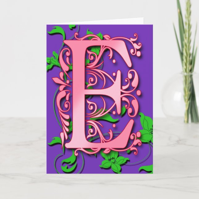 Letter E Monogram Initial on Pink Purple Cards (Front)