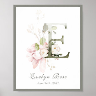 Letter E Monogram Pink Rose Foliage Nursery Poster