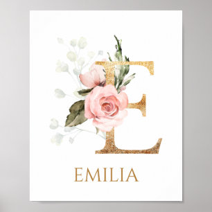 Letter E Monogram pink rose Nursery Poster