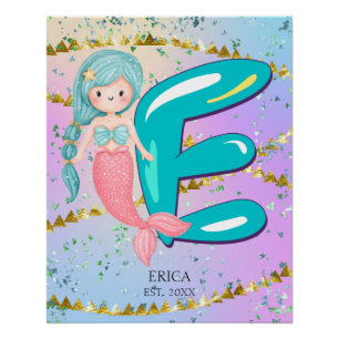 Letter E Monogram Watercolor Cute Mermaid Nursery Poster