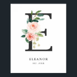 Letter E Monogram Watercolor Peach Florals Nursery Poster<br><div class="desc">Letter E Monogram Peach Florals Nursery Poster. Elegant and feminine letter E monogram poster featuring watercolor flowers and greenery bouquet. This will be a perfect personalised accent for nurseries,  bedrooms and other spaces.</div>