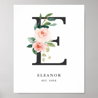 Letter E Monogram Watercolor Peach Florals Nursery Poster