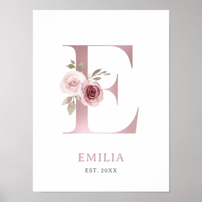 Letter E Monogram Watercolor Rose Florals Nursery  Poster (Front)