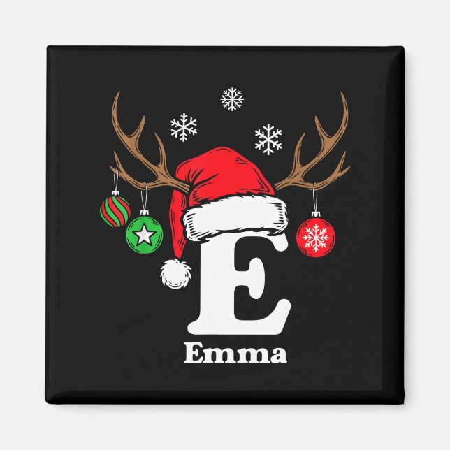 Letter E Name Initial Emma With Santa Hat Reindeer Magnet (Front)