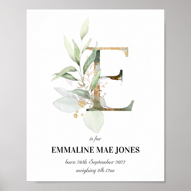 Letter E New Baby Monogram Birth Print Greenery (Front)