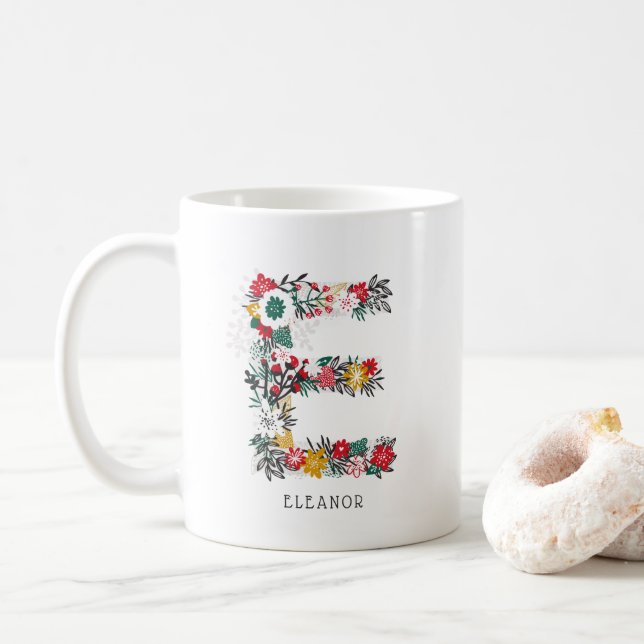 Letter E | Whimsical Floral Letter Monogram I Mug (With Donut)