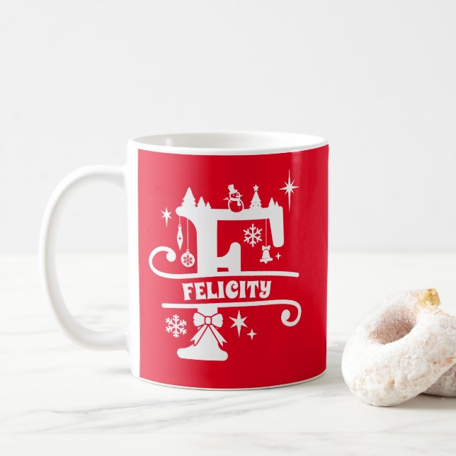 Letter F Christmas Monogram Initial Name Red   Coffee Mug (With Donut)