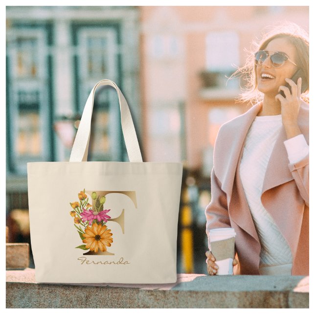Letter F Elegant Floral Gold Monogram Large Tote Bag (Creator Uploaded)